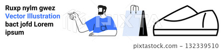 Person pointing, shopping bags, and shoe. Ideal for e-commerce, shopping, fashion, lifestyle, retail, marketing and consumer behavior Landing page Person pointing, shopping bags, and shoe. Ideal for e-commerce, shopping, fashion, lifestyle, retail, marketing and consumer behavior Landing page 132339510