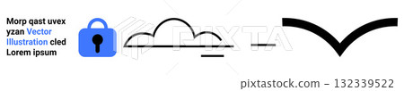Blue lock for security, black cloud for storage, connectivity lines, and check mark symbol in vector graphic. Ideal for technology, security, data protection, cloud computing, connectivity Blue lock for security, black cloud for storage, connectivity lines, and check mark symbol in vector graphic. Ideal for technology, security, data protection, cloud computing, connectivity 132339522