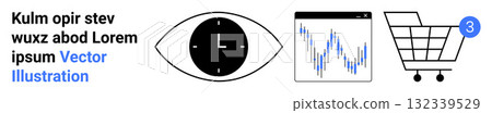 Eye icon with clock, data chart screen, shopping cart with notification. Ideal for business insights, market trends, E-commerce, time management, monitoring systems, shopping analysis, notifications 132339529