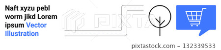 Black text block, abstract line shape, stylized black tree, blue speech bubble with shopping cart icon. Ideal for web design, e-commerce themes, minimalist design, nature elements, communication Black text block, abstract line shape, stylized black tree, blue speech bubble with shopping cart icon. Ideal for web design, e-commerce themes, minimalist design, nature elements, communication 132339533