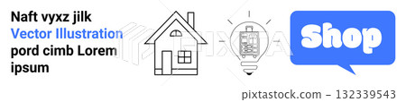 Detailed vector of a house, a light bulb with a digital element inside, and a blue speech bubble saying Shop. Ideal for online shopping, e-commerce, home automation, tech innovation, and digital 132339543