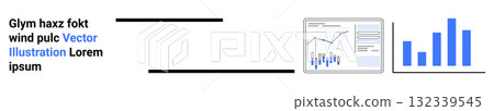 Bar and line graphs, data report illustration, text placeholder with two horizontal black lines. Ideal for analytics, reports, dashboards, data visualization, financial data, statistics, business 132339545
