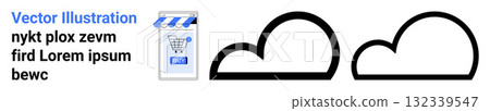 Shopping cart in window with blue and white awning, alongside two minimalist black cloud outlines. Ideal for online store, digital marketing, website UI, app icon, cloud storage, web design Shopping cart in window with blue and white awning, alongside two minimalist black cloud outlines. Ideal for online store, digital marketing, website UI, app icon, cloud storage, web design 132339547