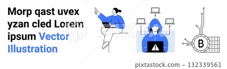 Person with laptop, hooded figure warning on screen, networked laptops, Bitcoin symbol. Ideal for fintech, cybersecurity, remote work, blockchain, technology blogs, educational content, and startup Person with laptop, hooded figure warning on screen, networked laptops, Bitcoin symbol. Ideal for fintech, cybersecurity, remote work, blockchain, technology blogs, educational content, and startup 132339561