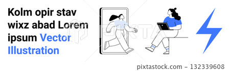 Laptop user sitting, mobile device with a person stepping out, blue lightning bolt. Ideal for technology, communication, connectivity, digital transformation, modern lifestyle, mobile apps, creative Laptop user sitting, mobile device with a person stepping out, blue lightning bolt. Ideal for technology, communication, connectivity, digital transformation, modern lifestyle, mobile apps, creative 132339608