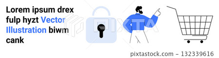 Man pointing at shopping cart and lock icon next to placeholder text. Ideal for e-commerce, security, retail, online shopping, digital marketing, user interface design, website banners. Banner Man pointing at shopping cart and lock icon next to placeholder text. Ideal for e-commerce, security, retail, online shopping, digital marketing, user interface design, website banners. Banner 132339616