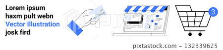 Hand holding a credit card for payment, an online storefront interface, and a shopping cart with three items. Ideal for e-commerce, online shopping, digital payments, retail technology, virtual 132339625