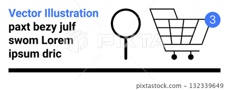 Shopping cart with notification, round sign with text, and horizontal black line. Ideal for e-commerce, online shopping, retail, product listings, notifications, shopping carts, and commercial Shopping cart with notification, round sign with text, and horizontal black line. Ideal for e-commerce, online shopping, retail, product listings, notifications, shopping carts, and commercial 132339649