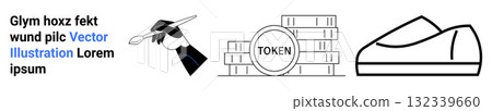 Stylized composition featuring a hand holding a pen, a stack of tokens with the word TOKEN, and a modern shoe outline. Ideal for graphic design, vector illustration, creativity, branding, e-commerce Stylized composition featuring a hand holding a pen, a stack of tokens with the word TOKEN, and a modern shoe outline. Ideal for graphic design, vector illustration, creativity, branding, e-commerce 132339660