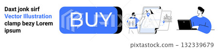 Large blue BUY button, graph on tablet, man working on laptop. Ideal for e-commerce, digital marketing, business strategy, remote work, online shopping, data analysis, productivity. Landing page Large blue BUY button, graph on tablet, man working on laptop. Ideal for e-commerce, digital marketing, business strategy, remote work, online shopping, data analysis, productivity. Landing page 132339679
