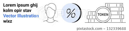 Profile of person, percentage sign, token stacks accompanied by text. Ideal for marketing, educational content, infographics, websites, presentations, financial apps, digital wallets. Landing page Profile of person, percentage sign, token stacks accompanied by text. Ideal for marketing, educational content, infographics, websites, presentations, financial apps, digital wallets. Landing page 132339688