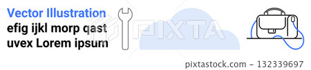 Wrench, cloud, and headset on a linear toolbar with text. Ideal for tech services, cloud solutions, VR, support services, digital workshops, technology guides, maintenance banners. Landing page 132339697