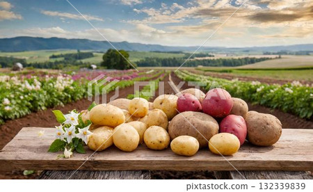 harvest of fresh potatoes on wooden fence 132339839