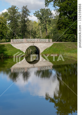 Stunning reflection of the Great Catherine Palace bridge in a serene nature setting under a clear sky 132339868