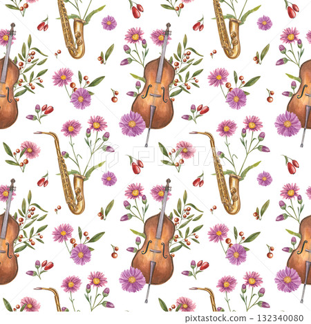 Watercolor seamless pattern of contrabass, saxophone, blooming flowers, decorative rose hips, barberry on isolated background. Musical instruments, aster flower, red berries illustration for textile. 132340080