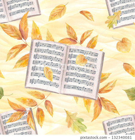 Open music note book on autumn golden leaves seamless pattern on watercolor yellow background. Music paper with note stave grid and foliage branches for textile, fall posters, packaging design. Open music note book on autumn golden leaves seamless pattern on watercolor yellow background. Music paper with note stave grid and foliage branches for textile, fall posters, packaging design. 132340081