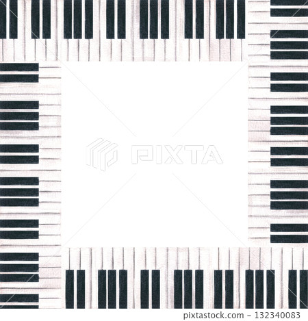 Watercolor piano keys square border on isolated background. Elegant black and white keyboard frame with copy space for text. Musical illustration for music themed designs, greeting cards, labels. Watercolor piano keys square border on isolated background. Elegant black and white keyboard frame with copy space for text. Musical illustration for music themed designs, greeting cards, labels. 132340083