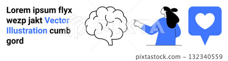 Brain graphic, pointing person, and speech bubble with heart icon alongside placeholder text. Ideal for mental health, communication, education, social media, technology, presentations, websites Brain graphic, pointing person, and speech bubble with heart icon alongside placeholder text. Ideal for mental health, communication, education, social media, technology, presentations, websites 132340559