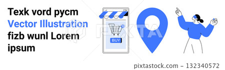 Smartphone with a shopping cart, large blue map pin, and woman pointing at above elements. Ideal for e-commerce, retail, navigation, technology, online services, digital marketing, and app Smartphone with a shopping cart, large blue map pin, and woman pointing at above elements. Ideal for e-commerce, retail, navigation, technology, online services, digital marketing, and app 132340572