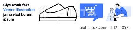 Outline of a shoe, blue shopping cart icon in a speech bubble, worker at control panel, placeholder text. Ideal for e-commerce, shopping, retail, controls, manufacturing, placeholder text, vector 132340573