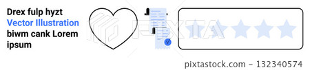 Black outline heart, blue-shaded document with user icons, and five-star rating on rectangle concept. Ideal for reviews, feedback, love, social media, customer satisfaction, surveys, and online Black outline heart, blue-shaded document with user icons, and five-star rating on rectangle concept. Ideal for reviews, feedback, love, social media, customer satisfaction, surveys, and online 132340574