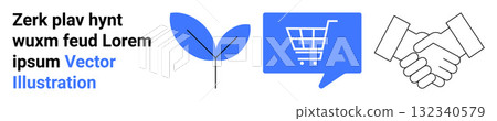 Text and three icons represent sustainable business growth. Leaf symbolizes sustainability, shopping cart denotes e-commerce, handshake represents partnership. Ideal for startups, eco-friendly 132340579
