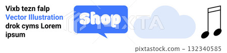 Blue speech bubble with Shop text, cloud icon, and musical note icon. Ideal for e-commerce, music services, online stores, web banners, and digital marketing. Banner for landing page Blue speech bubble with Shop text, cloud icon, and musical note icon. Ideal for e-commerce, music services, online stores, web banners, and digital marketing. Banner for landing page 132340585