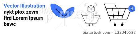 Shopping cart with numeric badge, green leaf, and package in cart elements in black and blue. Ideal for e-commerce, online shopping, sustainability, eco-friendly products, digital marketing, retail 132340588