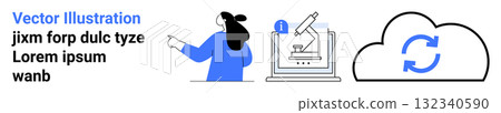 Female scientist pointing at a research microscope, blue cloud sync icon. Ideal for scientific research, cloud storage, data analysis, technology, education, presentations, and innovation. Banner Female scientist pointing at a research microscope, blue cloud sync icon. Ideal for scientific research, cloud storage, data analysis, technology, education, presentations, and innovation. Banner 132340590