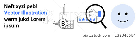 Text beside cryptocurrency blockchain symbol, magnifying glass examining user ratings, blue happy face. Ideal for tech blogs, reviews, ratings, cryptocurrency, blockchain, digital identity, customer 132340594