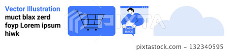Shopping cart with wheels, person holding CASH BACK bag, large cloud. Ideal for e-commerce, online shopping, digital marketing, website graphics, promotional material, financial apps, user Shopping cart with wheels, person holding CASH BACK bag, large cloud. Ideal for e-commerce, online shopping, digital marketing, website graphics, promotional material, financial apps, user 132340595