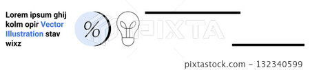 Percentage symbol in blue circle, light bulb outline, horizontal lines with placeholder text. Ideal for finance, innovation, education, marketing, technology, startups, presentations. Landing page 132340599