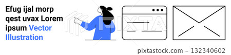 Woman pointing at digital elements including a text box, web page layout, and email template. Ideal for marketing presentations, web design, email campaigns, business strategy, education, online Woman pointing at digital elements including a text box, web page layout, and email template. Ideal for marketing presentations, web design, email campaigns, business strategy, education, online 132340602