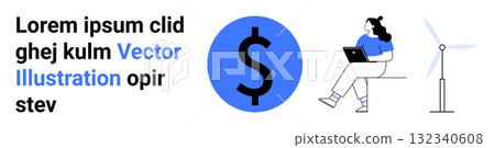Dollar symbol, person working on laptop, wind turbine. Ideal for finance, technology, sustainability, renewable energy, remote work, modern lifestyle. Landing page 132340608