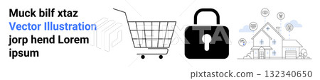 Shopping cart, padlock, connected smart home with security icons. Ideal for e-commerce, cybersecurity, smart home, online shopping, security systems, technology, digital integration. Banner 132340650
