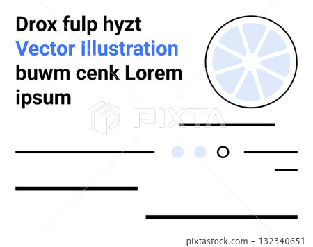 Placeholder text, blue accents, circular graphic resembling wheel or pie chart, and lines for content structure. Ideal for web design, modern layout, minimalist style, placeholder text, clean 132340651