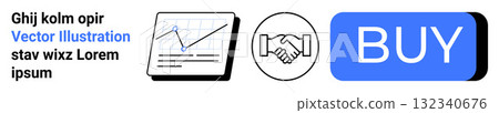 Chart with upward trend line, handshake icon, and a blue BUY button. Ideal for ecommerce, business growth, partnerships, investment, online shopping, marketing, and transactions. Landing page 132340676