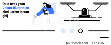 Woman pointing while holding a tablet, scales symbolizing balance, abstract layout with lines and circles. Ideal for business, presentation, technology, balance, modern, minimalistic, education 132340708