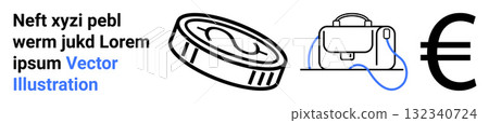 Currency coin, handbag, euro symbol. Ideal for financial planning, online shopping, business reports, e-commerce sites, banking apps, investor presentations, economic studies. Landing page 132340724