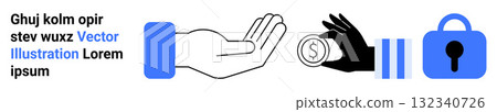 Hand offering coin to another hand, blue dollar coin, lock icon, vertical bars. Ideal for finance, security, transactions, banking, investments, fintech, data protection. Banner for landing page 132340726