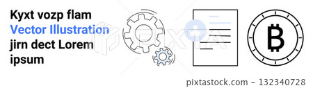 Gears representing industry, blue user icon on document, Bitcoin symbol for cryptocurrency, sample text. Ideal for technology, industry, blockchain, finance, digital documentation, innovation themes Gears representing industry, blue user icon on document, Bitcoin symbol for cryptocurrency, sample text. Ideal for technology, industry, blockchain, finance, digital documentation, innovation themes 132340728