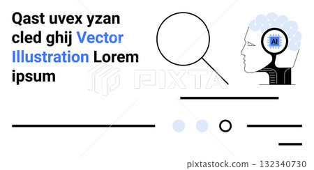 Human head with AI brain, magnifying glass, abstract lines, and text. Ideal for technology, artificial intelligence, innovation, research, data analysis, future, science Landing page 132340730