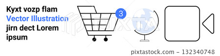 Shopping cart with notification badge, Earth globe, and media player icon, alongside placeholder text in black and blue. Ideal for e-commerce, education, geography, media, news, shopping, technology Shopping cart with notification badge, Earth globe, and media player icon, alongside placeholder text in black and blue. Ideal for e-commerce, education, geography, media, news, shopping, technology 132340748