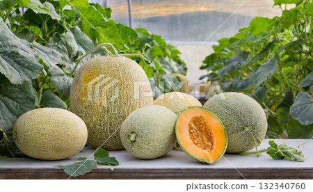 fresh melons in greenhouse 132340760