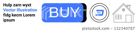 Blue buy button, round buy icon, house outline, black and blue text placeholder. Ideal for e-commerce, UI, design, real estate, simplicity, modernity, minimalism. Landing page 132340787