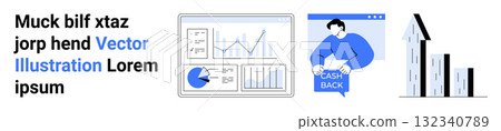 Business dashboard with pie and line charts, person holding cashback sign, upward trending bar chart. Ideal for business analysis, finance, marketing, sales, e-commerce, growth strategy, website 132340789