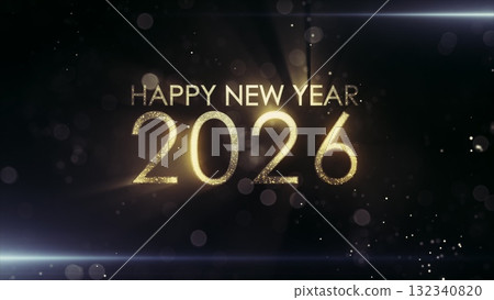 New year 2026 greeting with fireworks Happy New year 2026 animated. Fireworks shiny on background. Animated text that says Happy New Year 2026. 3D Illustration. 132340820