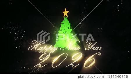 3d Christmas tree and light particles on black background. New Year 2026 background. Motion design, modern animated live image. New Year spirits and mood. 3D Illustration. 3d Christmas tree and light particles on black background. New Year 2026 background. Motion design, modern animated live image. New Year spirits and mood. 3D Illustration. 132340826