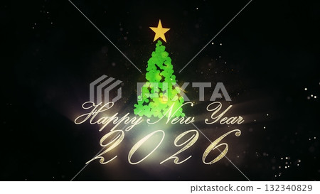3d Christmas tree and light particles on black background. New Year 2026 background. Motion design, modern animated live image. New Year spirits and mood. 3D Illustration. 132340829