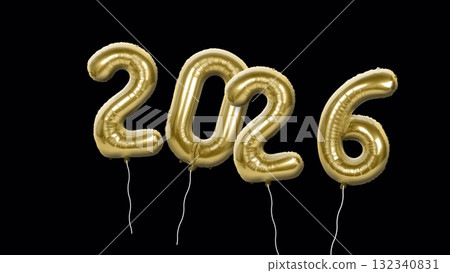 Black screen New Year 2026 gold foil balloons float around 3D rendering. 132340831